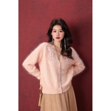 Women's Wool Cashmere Sweater Tops Bead Embroidery Floral Warm Soft Cardigans