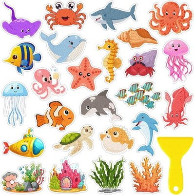 26Pcs Non Slip Bathtub Stickers, Cute Ocean Creature Stickers with Scraper, Anti