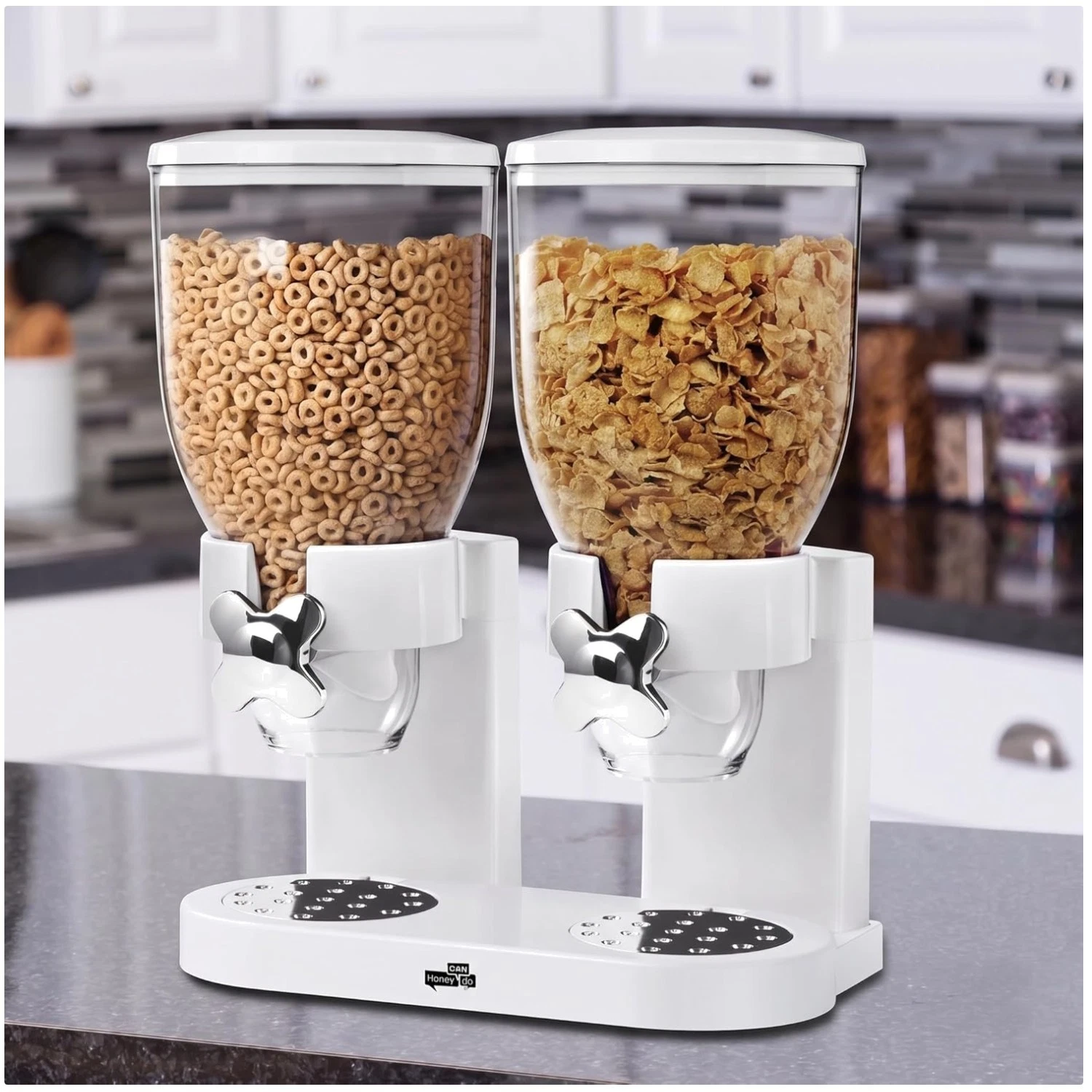 Dual Control Dry Food Dispenser, White/Chrome
