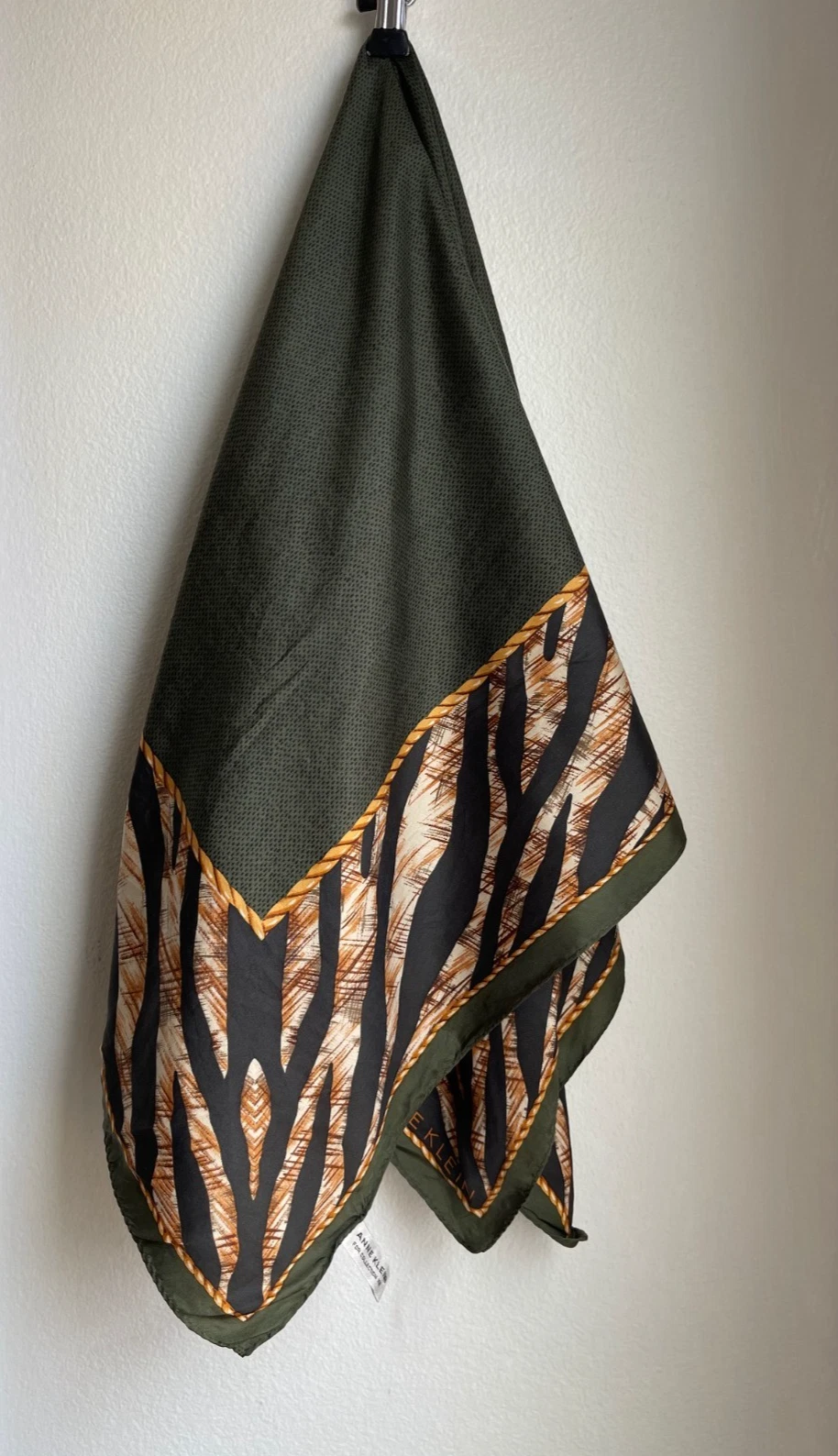 Vintage Anne Klein 100% Silk Safari Print Green Square Scarf 34.5" x 34.5"