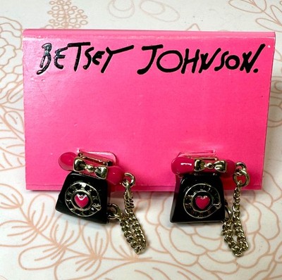 Betsey Johnson Enamel Black/Pink/Gold Retro Telephone Phone Stud Earrings