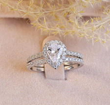 1.85ct Pear Cut CZ Sterling Silver Wedding Band  Engagement Ring Set 2.5-15 S4
