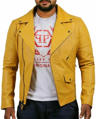 Stylish Men's Yellow Real Lambskin Leather Biker Jacket Cafe Racer Moto Coat