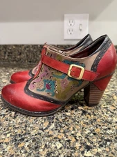 L'Artiste Spring Step Miso Booties Size 38 Red Leather Heels Floral