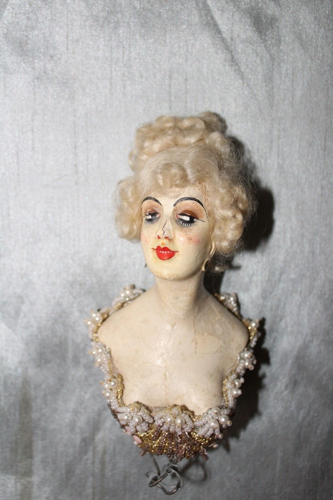 Vintage Chalkware Wax Boudoir Bust Half Doll Mohair & Beads