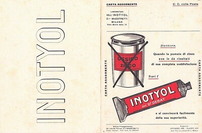 1928 INOTYOL OINTMENT ZINC OXIDE PHARMACY MAESTRETTI MEDICAL ABSORBENT PAPER