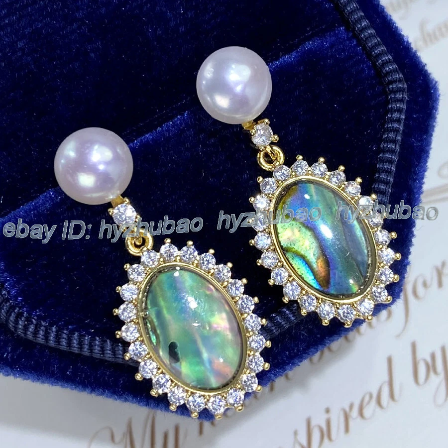 Natural White Pearl Oval Abalone Shell Gems Inlay Dangle Gold Stud Earrings AAA+ - Image 4 of 4