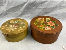 Vintage Pair of decorated , round,  wooden pantry boxes