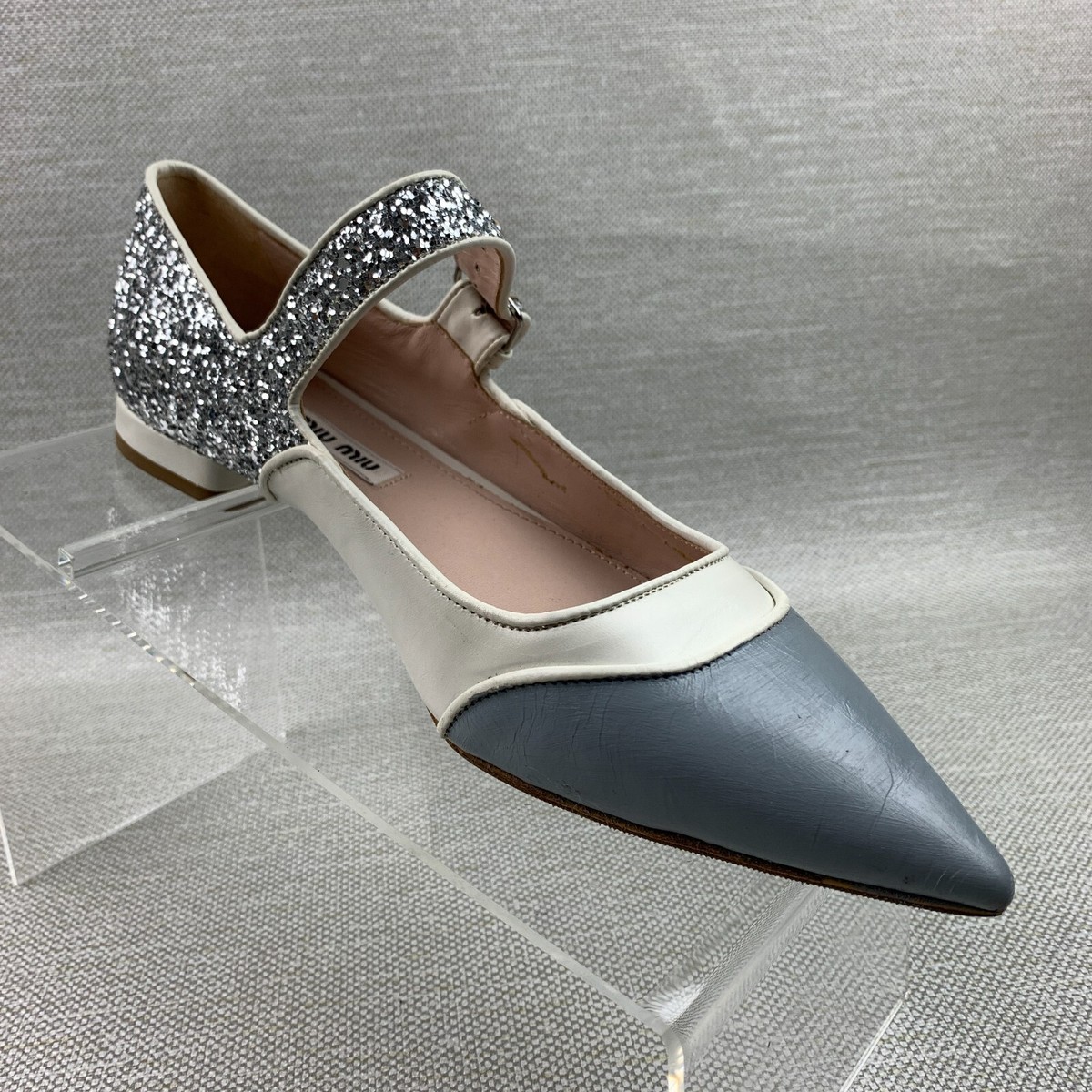 Miu Miu Flats Mary Jane Buckle Pointy Toe Gray/Creme/Glitter Shoes