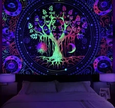 Krelymics Blacklight Tree of Life Tapestry / Trippy Sun & Moon / UV Reactive