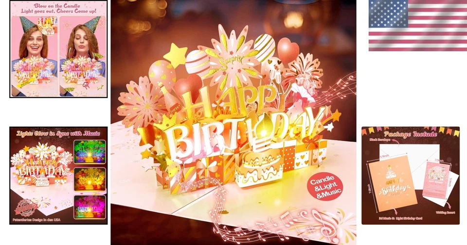 Tarjeta de regalo de cumpleaños emergente única con vela LED soplable y música - oro rosa Foto 2 de 4