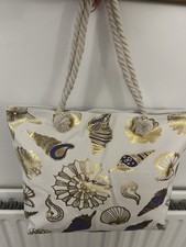 Fabulous Large Beach Bag Gold And Blue Shell Design, Zip Fastener.
