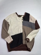 Vtg Yarnworks Henley Sweater Womens Size M Brown Patchwork Grandma Grunge Alt