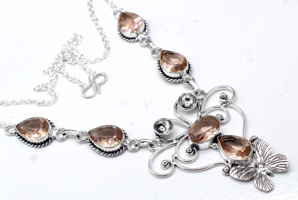 925 Sterling Silver Peach Morganite Gemstone Handmade Jewelry Necklace Sz-17-18 - Image 3 of 4