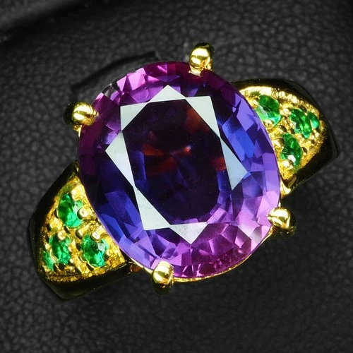24K Gold  925 Sterling Silver Rings Fabulous Blue Purple Sapphire Oval 9.02Ct