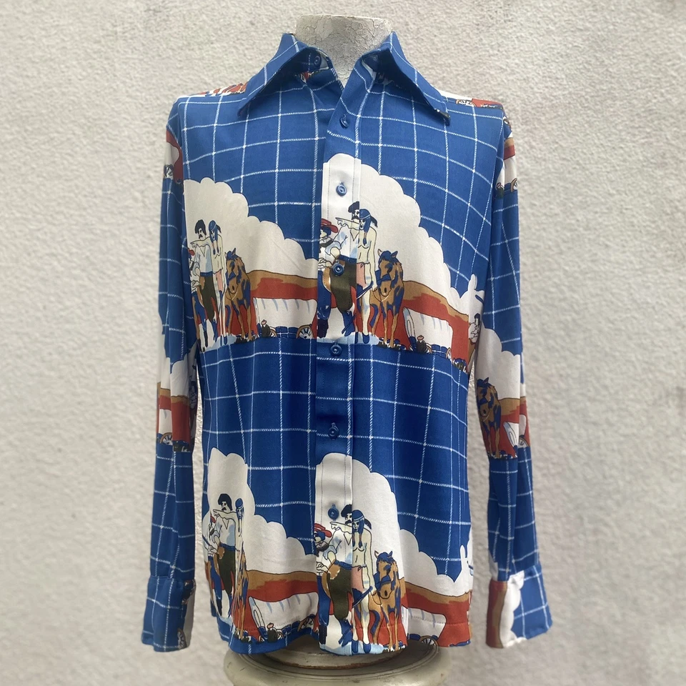 Vintage 1970s Huckapoo Men’s Blue Check Western Theme Button Up Nylon Shirt M - Image 2 of 4