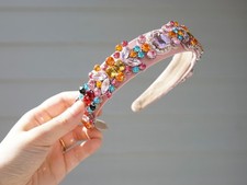 Jeweled Padded Headband   Pink Satin, Multicolor Rhinestones, Glam Hair Accessor