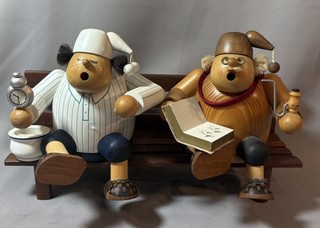 Vintage Erzgebirge Räuchermännchen Doppel Figur auf Bank Holz Volkskunst Germany