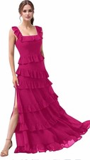 mexmy Women's Pink Solid Square Neck Strappy Tiered Ruffle Slit Maxi 4