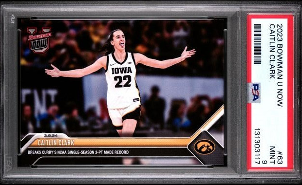 2023 Caitlin Clark Breaks NCAA 3 Pt Record Bowman U Now #63 Hawkeyes PSA 9 MINT