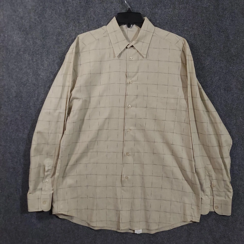 Zanella Shirt Mens Large Beige Cotton Linen Windowpane Long Sleeve Made in Italy - Image 4 of 4