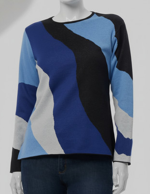 Jones New York Womens' Blue Wave Intarsia Crewneck Sweater Petite Size PS