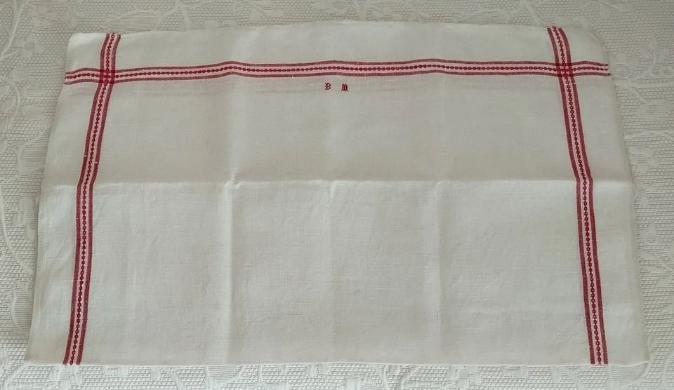 LOT de 2 Torchons ANCIENS - Monogramme Brodé Main Rouge "BM" + liteaux brodés - Photo 3/4