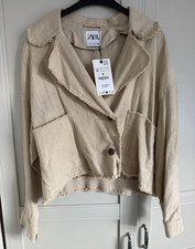 ZARA Damen Jacke Beige Gr. M Leinen kurz Lang...