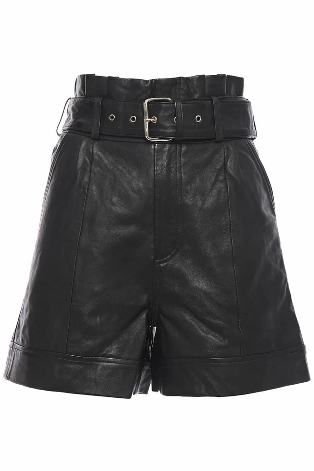 Pantalones Cortos para Mujer de Cuero de Cordero Genuino con Cinturón - Pantalones Cortos Informales de Verano Foto 2 de 3