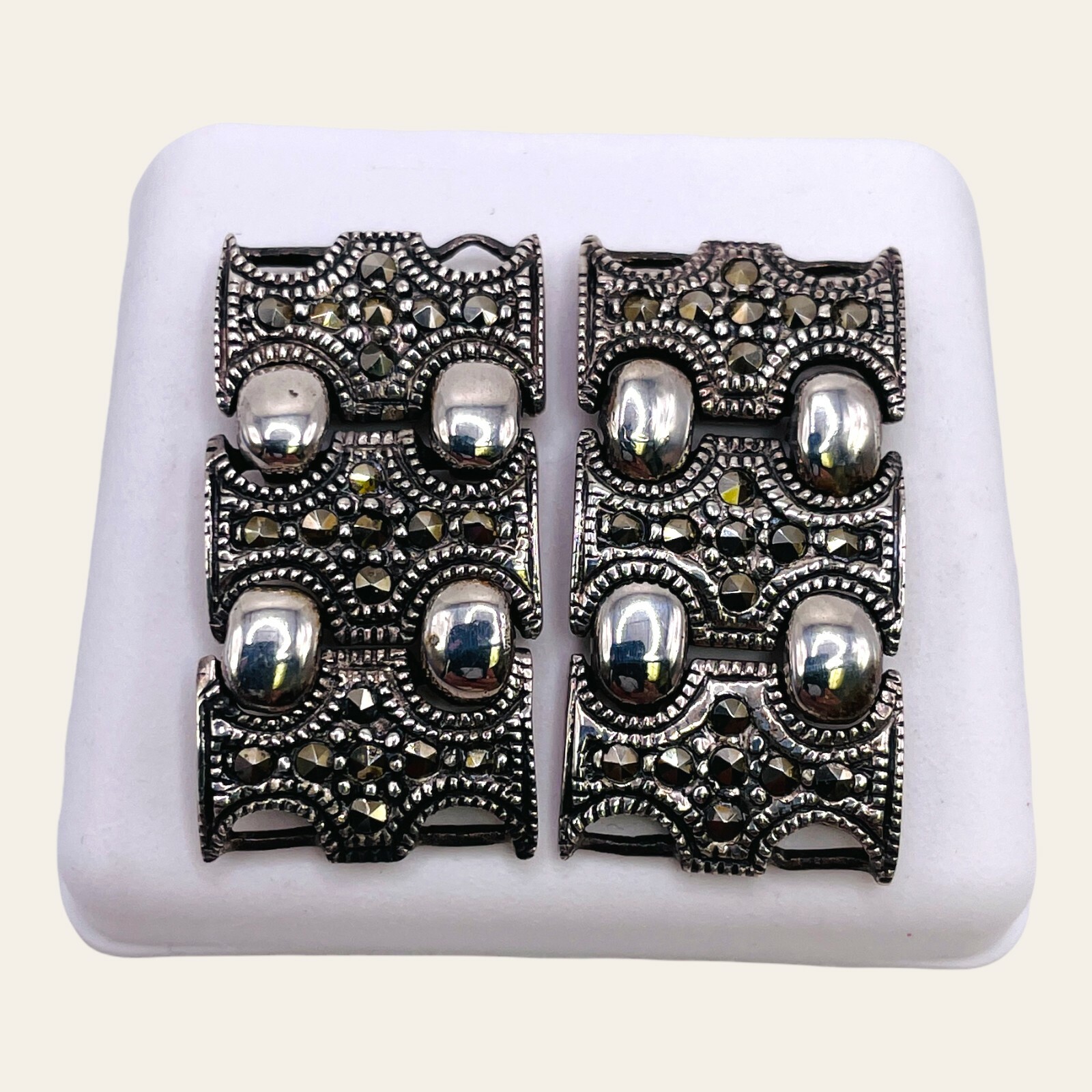 925 Sterling Silver Large Rectangular Marcasite P… - image 3