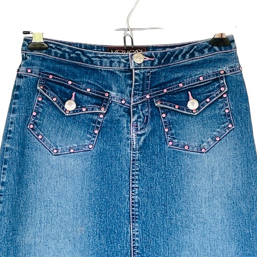 Vtg Y2K Vezucci Stretch Denim Skirt Girls Sz 12 Modest Logo Bling Cottagecore - Picture 3 of 5