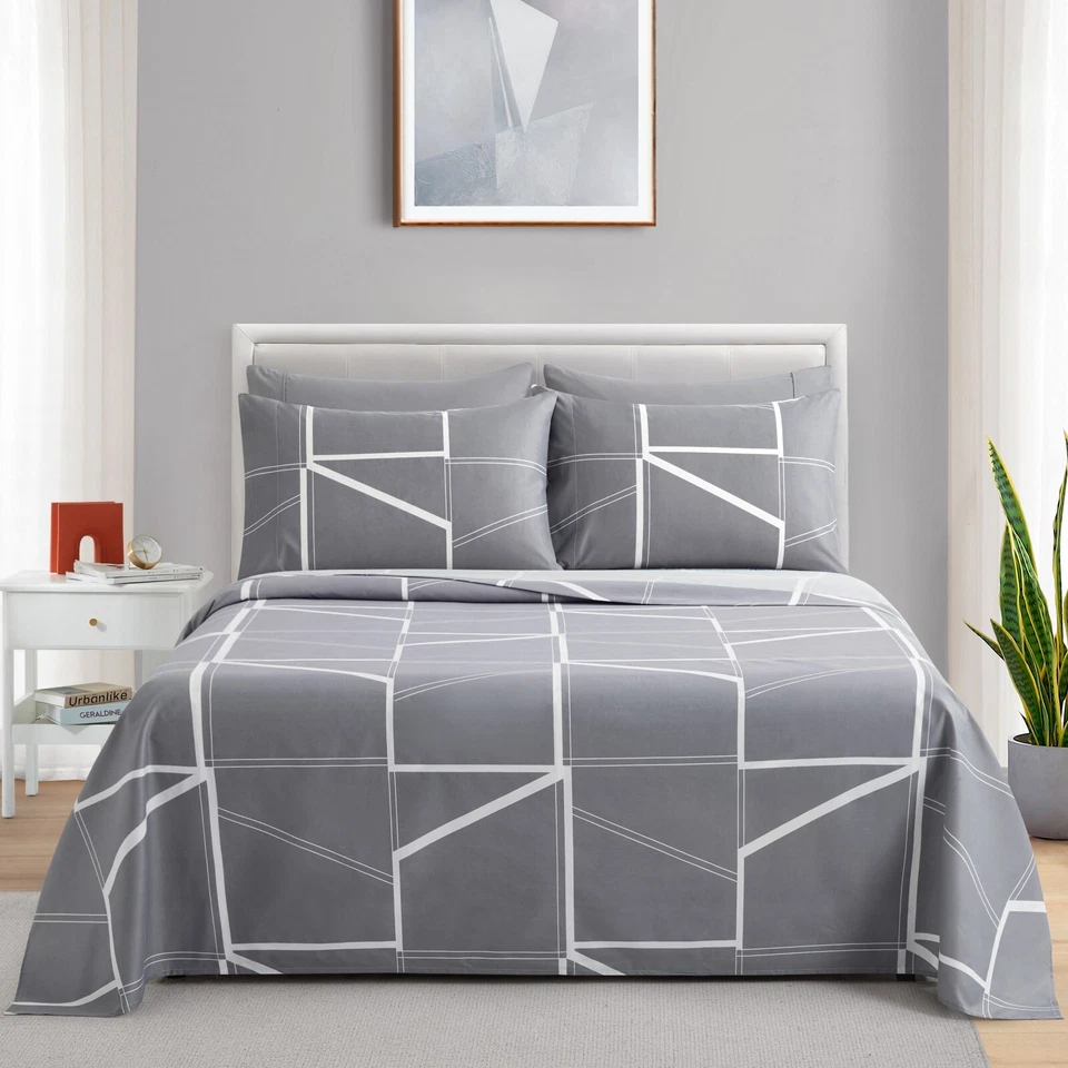 Juego de sábanas 6 piezas de bolsillo profundo de bambú estampado de rayón, reina geométrica gris Foto 4 de 4