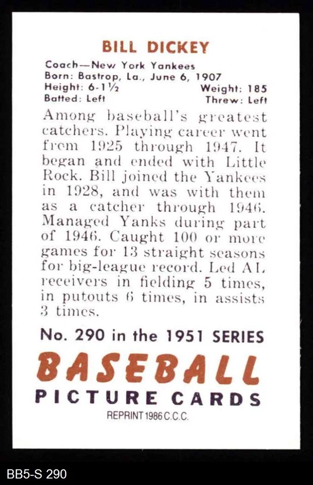 1951 Bowman REPRINT #290 Bill Dickey Yankees HOF 8 - NM/MT - Image 2 of 2