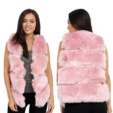 Ladies Sleeveless Faux Leather & Fur Fluffy Waistcoat Gilet Shrug Jacket Coat