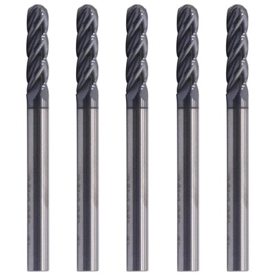 High Performance 5pcs Solid Carbide Ball Nose End Mills, AlTiN Coated, 4 Flut...