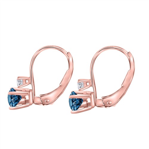 0.75 Carat Natural Blue & White Diamond Leverback Earrings for Women in 14K Gold - Picture 16 of 29