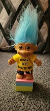 1991 TNT Troll Doll 4.5 Russ World's Best Babysitter Blue Hair USED