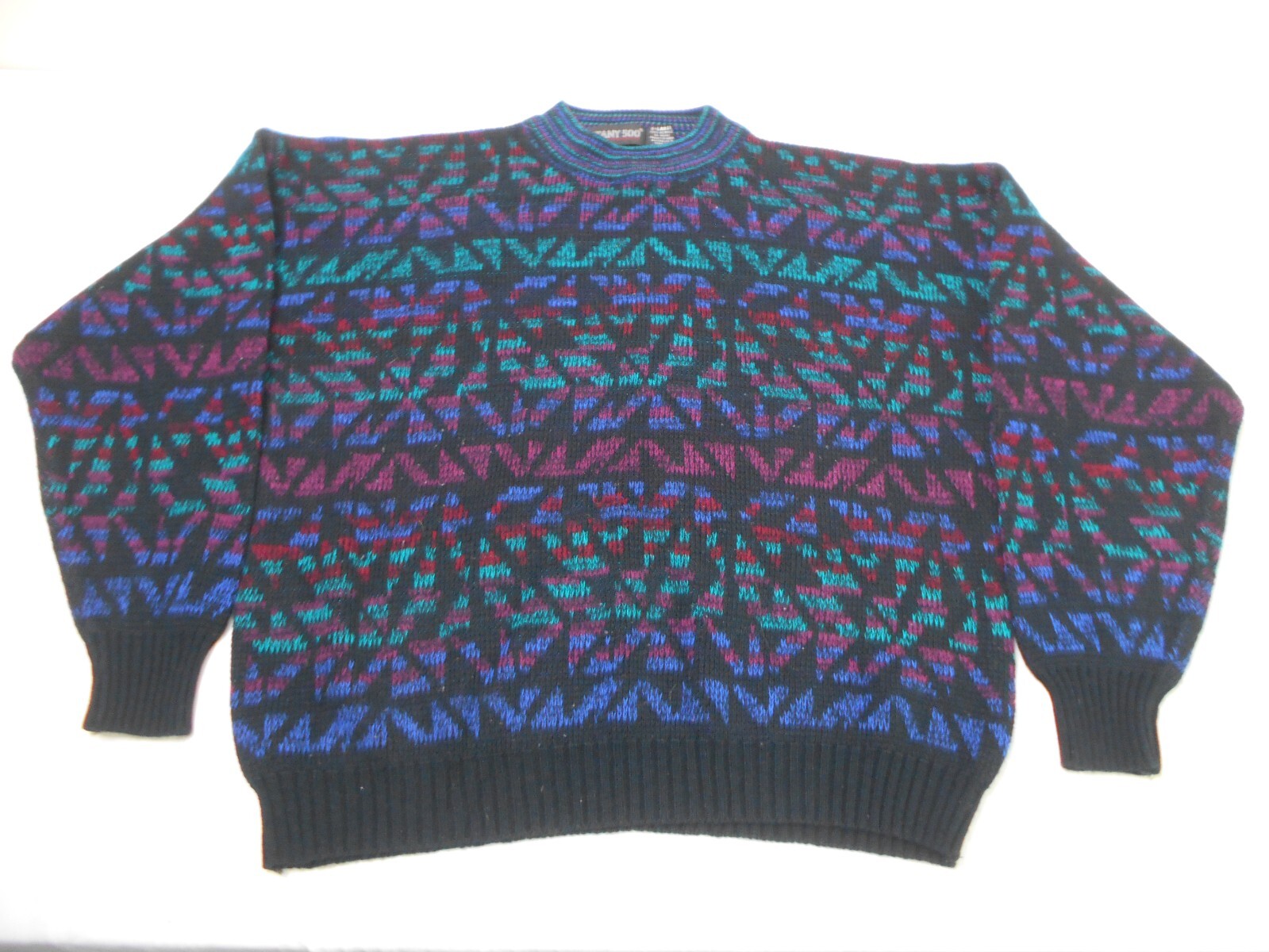 Vintage 90s Botany 500 XL Black Blue Knit Sweater Pullover Geometric Abstract