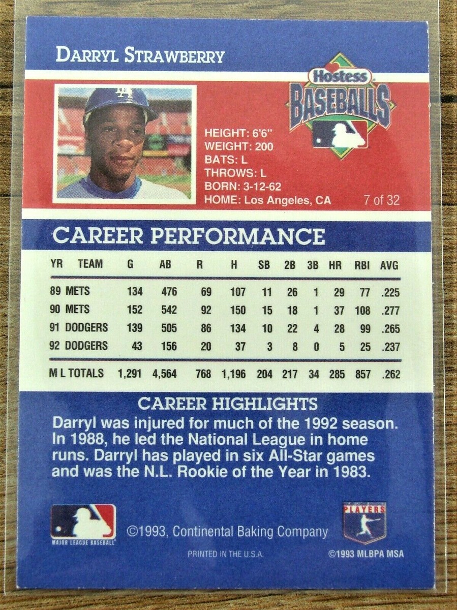 1993 Hostess Baseballs #7 of 32 Darryl Strawberry Los Angeles