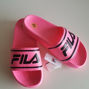 pink and black fila slides