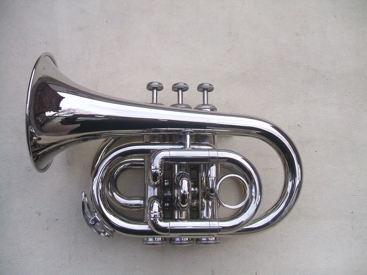 Funion Bb Pocket Trumpet Set B Flat Nickel Plated Case 7C Mouthpiece Water  Key