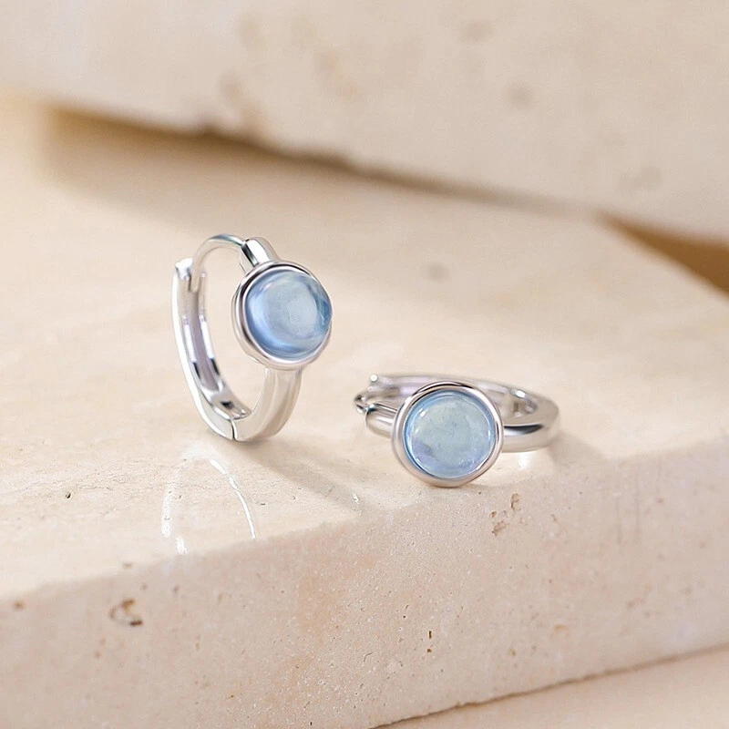 N02 Earrings Hoops With Round Blue Aquamarine Sterling Silver 925 - Image 3 of 4