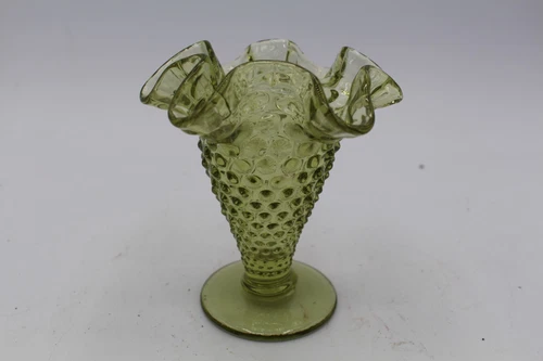 Fenton Prelogo Green Hobnail Glass Ruffled Double Crimped Mini Cone/Trumpet Vase