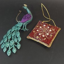 KURT ADLER ACRYLIC PEACOCK TEAL GOLD  FUSCHIA GLITTER  Beaded Soft Ornament