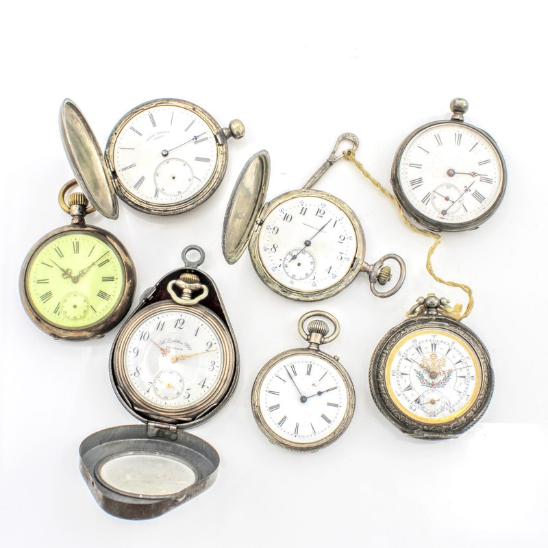 Vintage Coin Silver Fancy Dial 40mm-50mm Case Pocket Watches Lot of 7 #WB5451-4