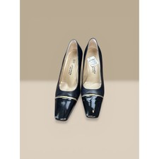 St. John Pumps SZ 7 Navy Blue /Gold Leather Patent Cap Toe Italian ,Block Heel