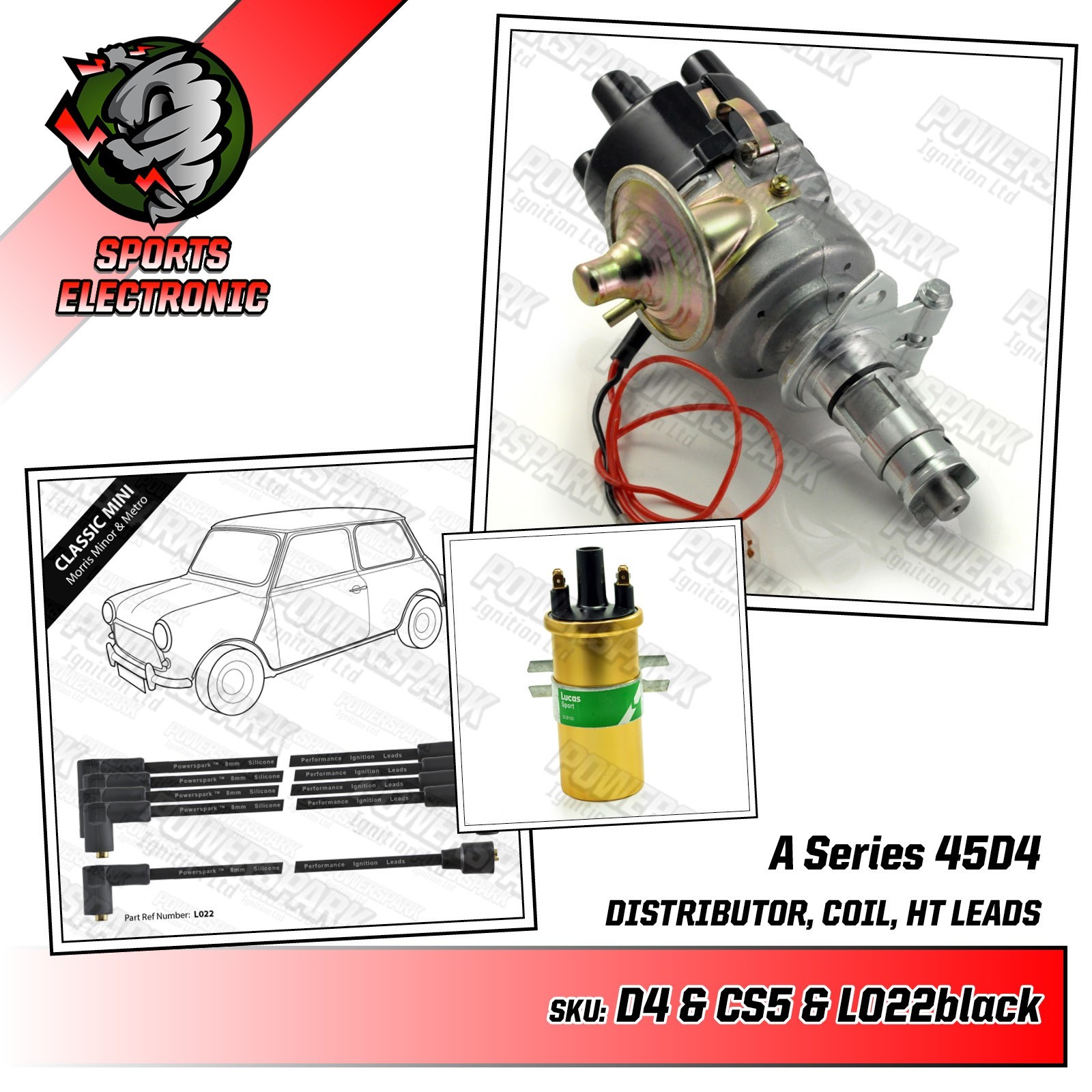 A Series engine Electronic Distributor 45D Lucas Gold Sports Coil Black HT Leads