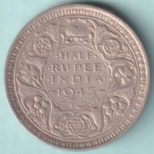 BRITISH INDIA 1943 KING GEORGE VI HALF RUPEE RARE SILVER COIN