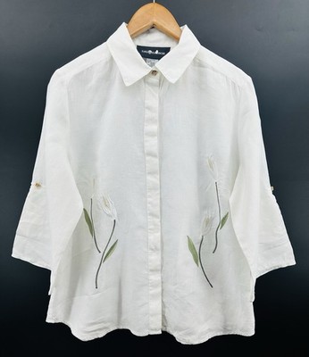 VTG Sag Harbor Womens Sz M Linen Floral Blouse Embroidered Cottagecore GG07