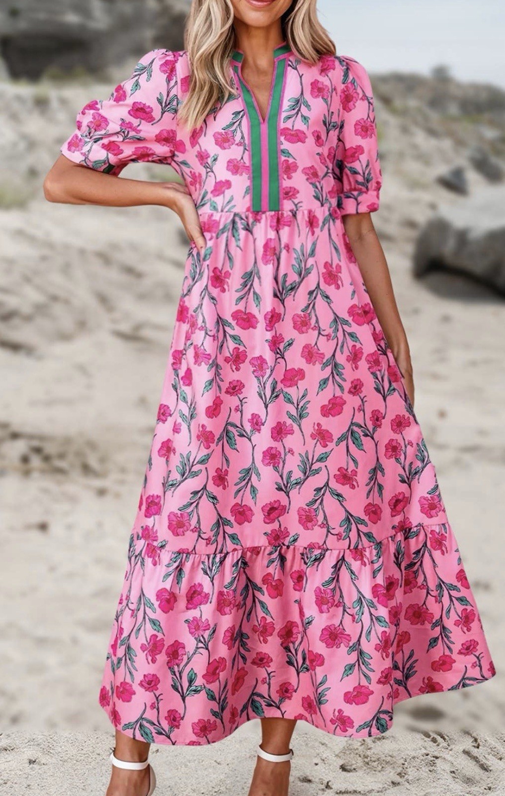 Avara Pink Floral Ruffled Midi Dress Size Small Pockets Tea Party Wedding Boho